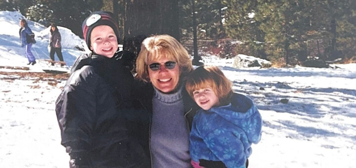 Sarah, her brother and mother, who had dementia, in the snow